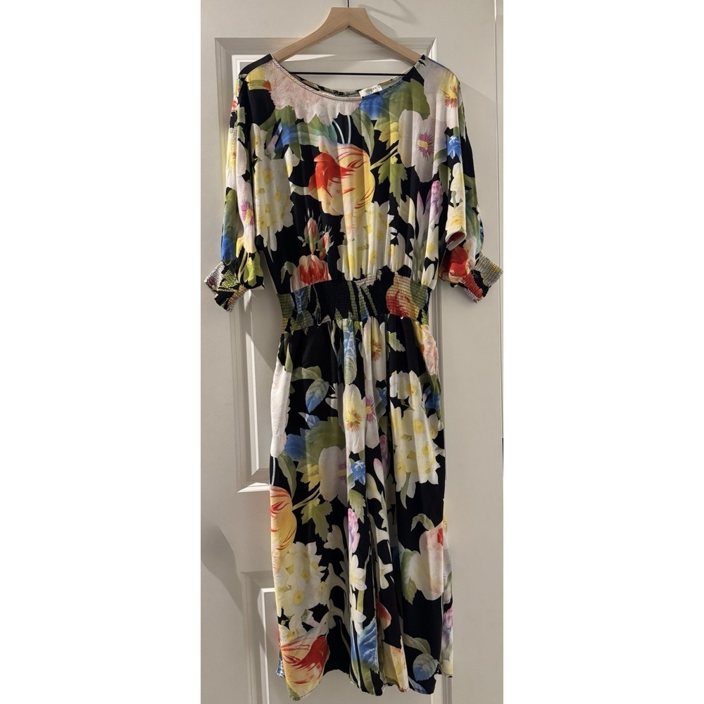 Umgee Floral Wide Leg Jumpsuit Women M Boho Cottagecore Smocked Waist